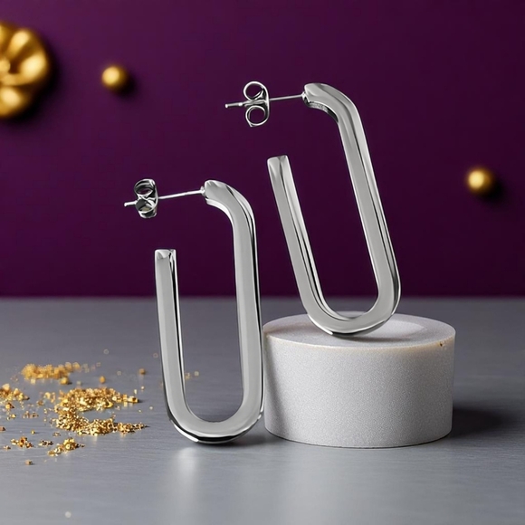 🆕 Bold & Minimalist 18K White Gold Plated Stainless Steel U-Shape Earrings - Picture 1 of 12
